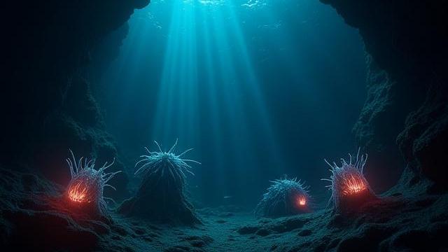 Scène sous-marine sombre mais éclairée, montrant des créatures bioluminescentes et des cheminées hydrothermales, représentant un documentaire immersif sur la vie des grands fonds océaniques.